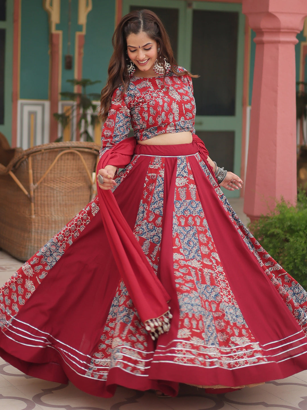 CharmingÃƒâ€šÃ‚Â Maroon Digital Printed Rayon Navratri Wear Lehenga Choli