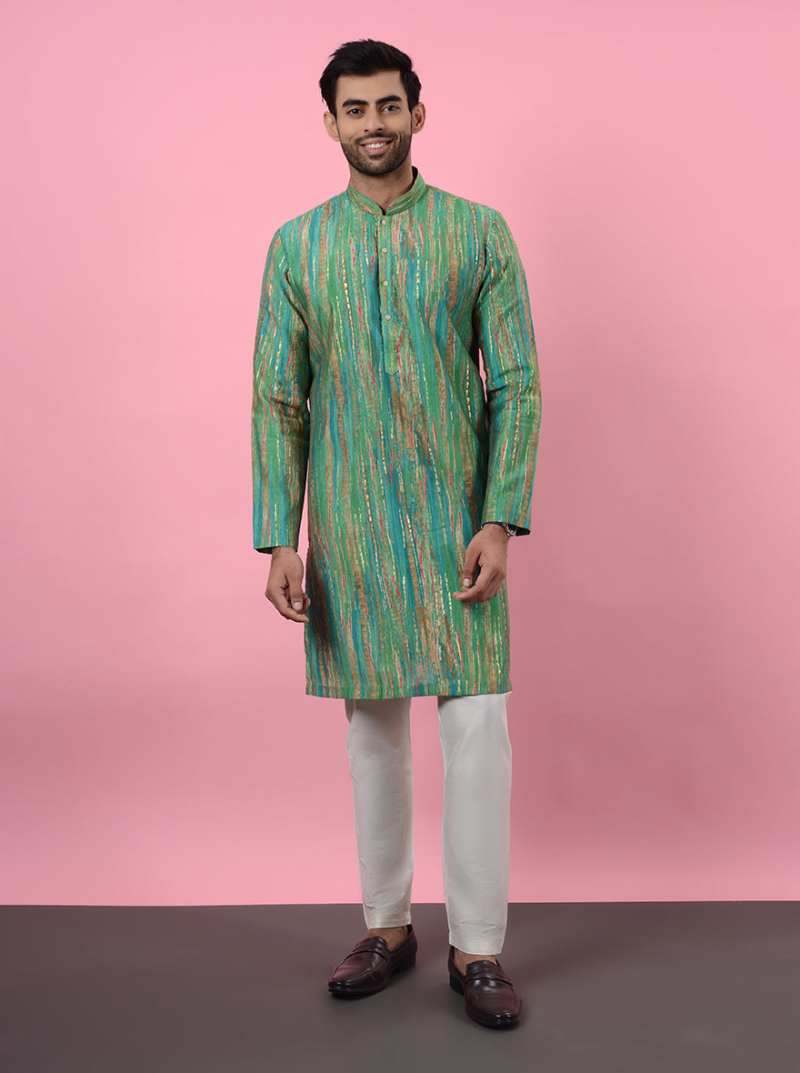 Embroidered green kurta pajama, ideal for USA men’s pooja and mehndi celebrations.