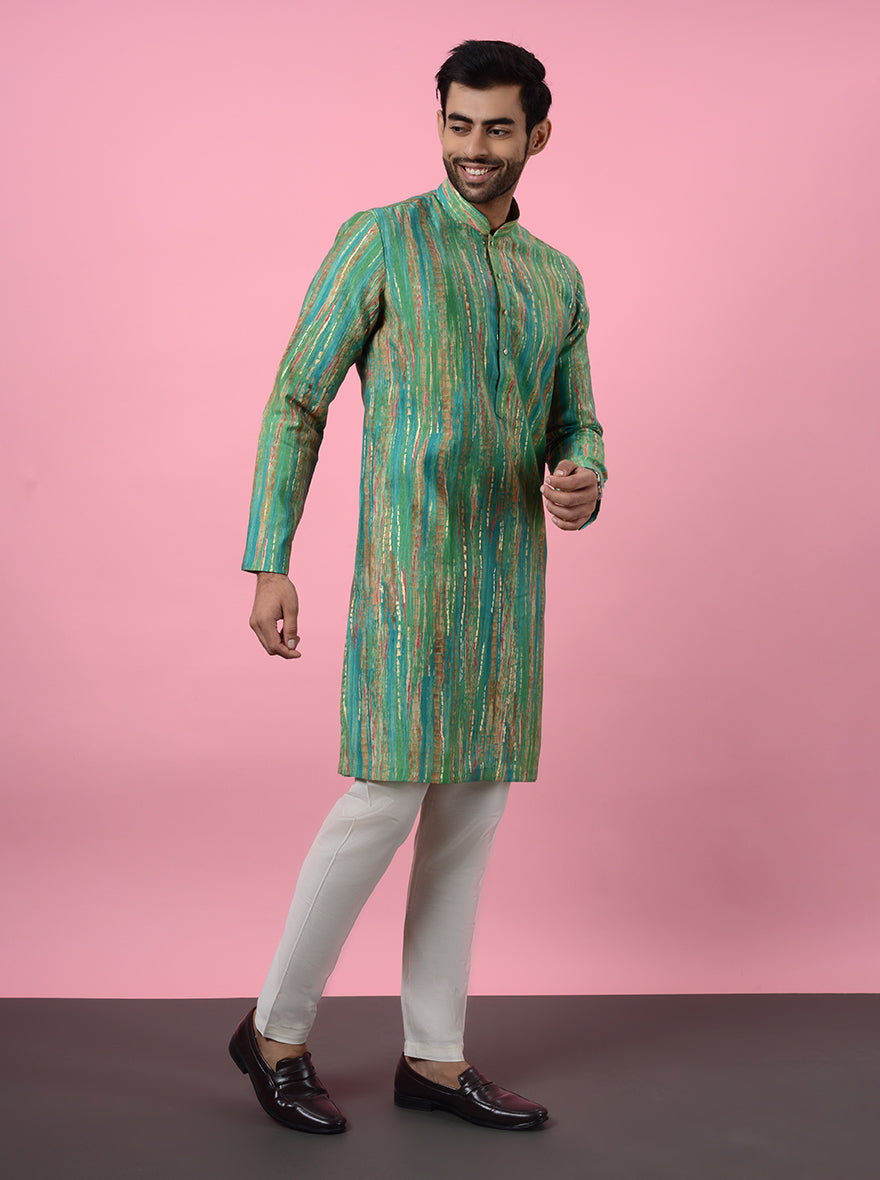 USA men’s green kurta pajama, perfect for mehndi and pooja, featuring intricate embroidery.