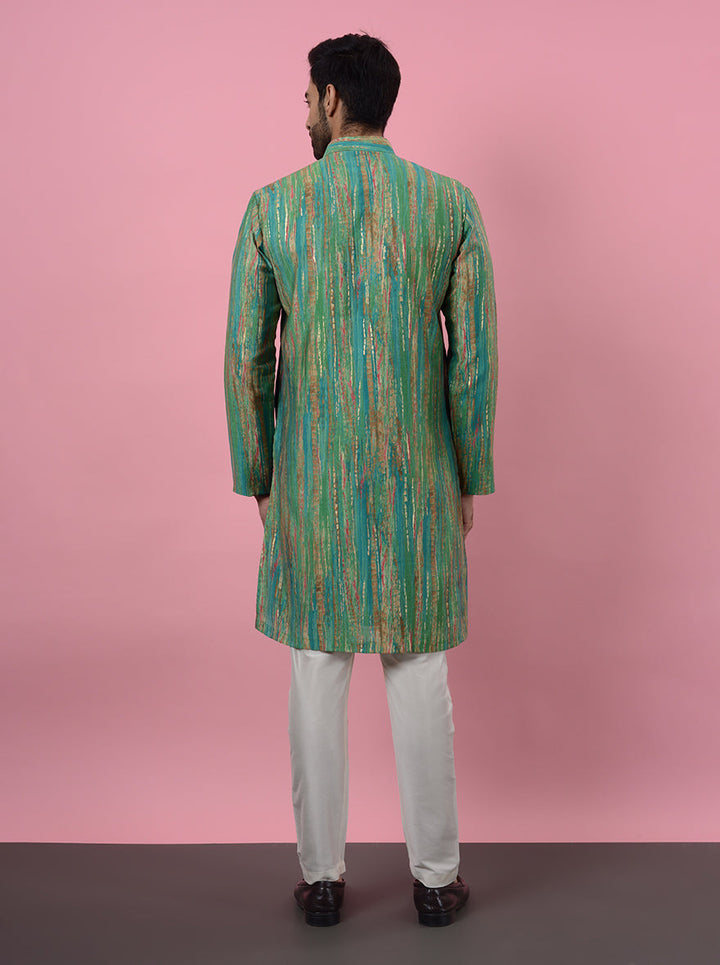 Men’s embroidered green kurta pajama, silk blend, designed for USA special occasions.