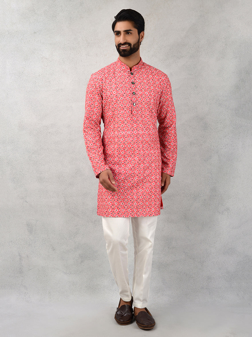 Red silk blend embroidered kurta pajama, USA festive men’s wear