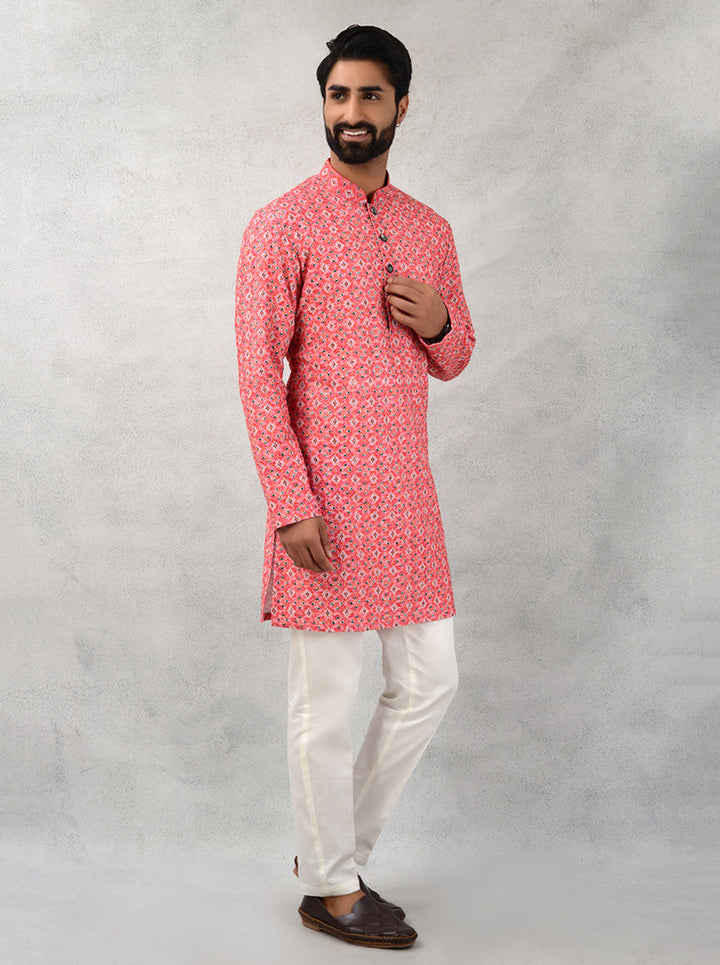 Men’s red silk kurta pajama, traditional USA festive attire