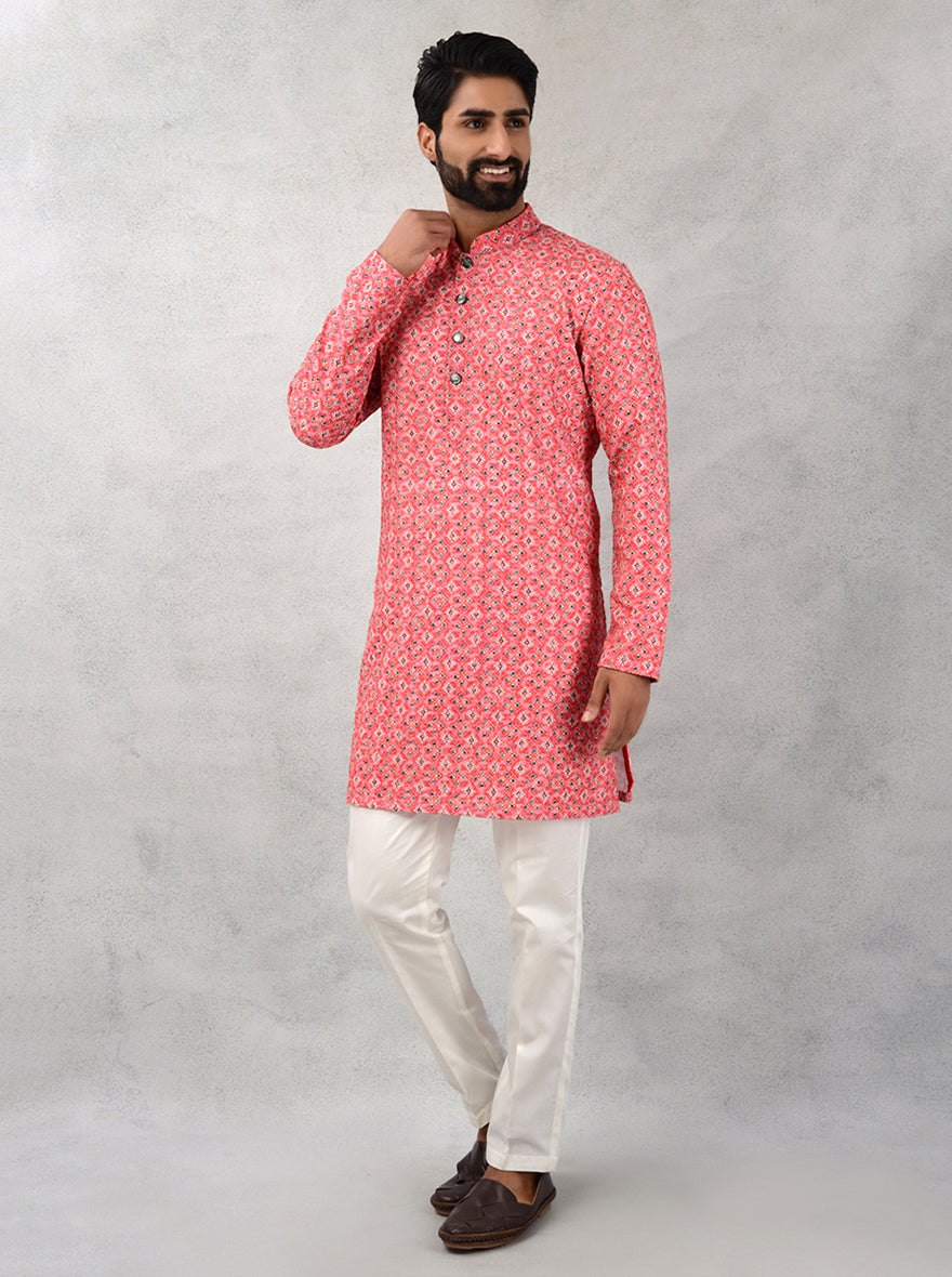 Red silk blend kurta pajama, mandarin collar, USA occasions