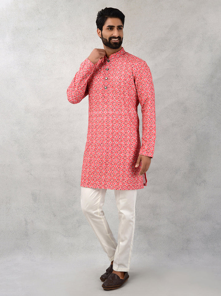 Red silk blend kurta pajama, mandarin collar, USA occasions