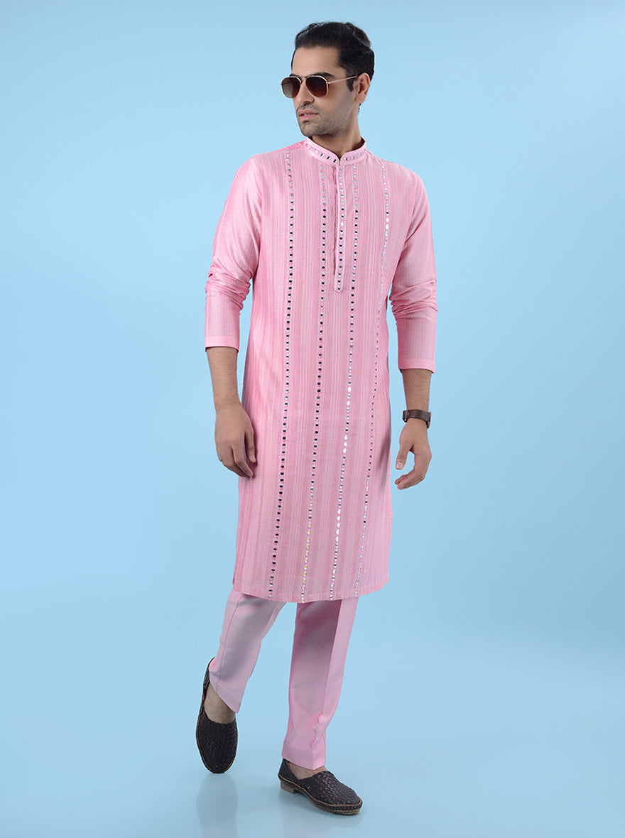 Men's ethnic pink kurta pajama set, crafted from Chanderi silk with elegant mirror and thread work.