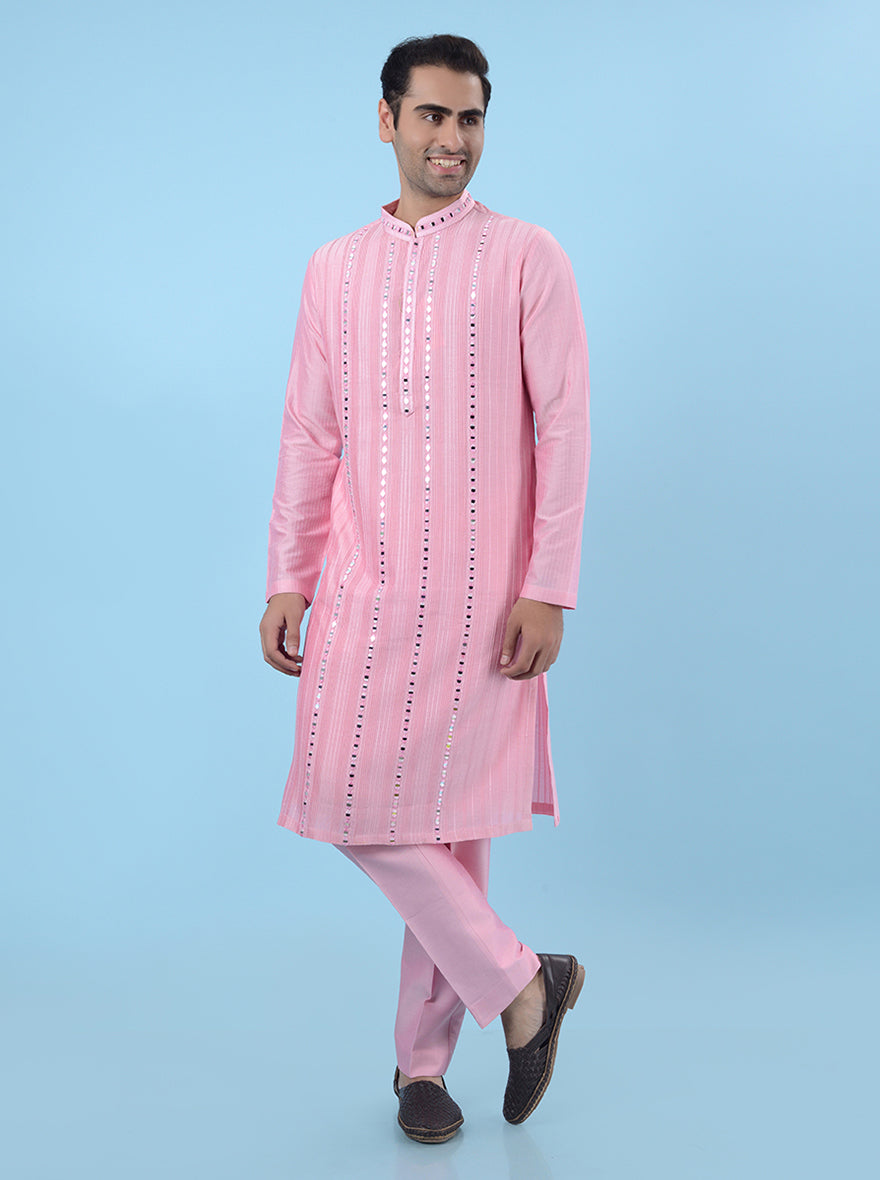 Traditional pink kurta pajama set for men, made from Chanderi silk with mirror and thread embroidery.