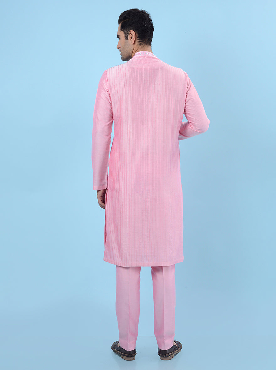 Stylish pink kurta pajama for men, featuring Chanderi silk and detailed mirror and thread embroidery.