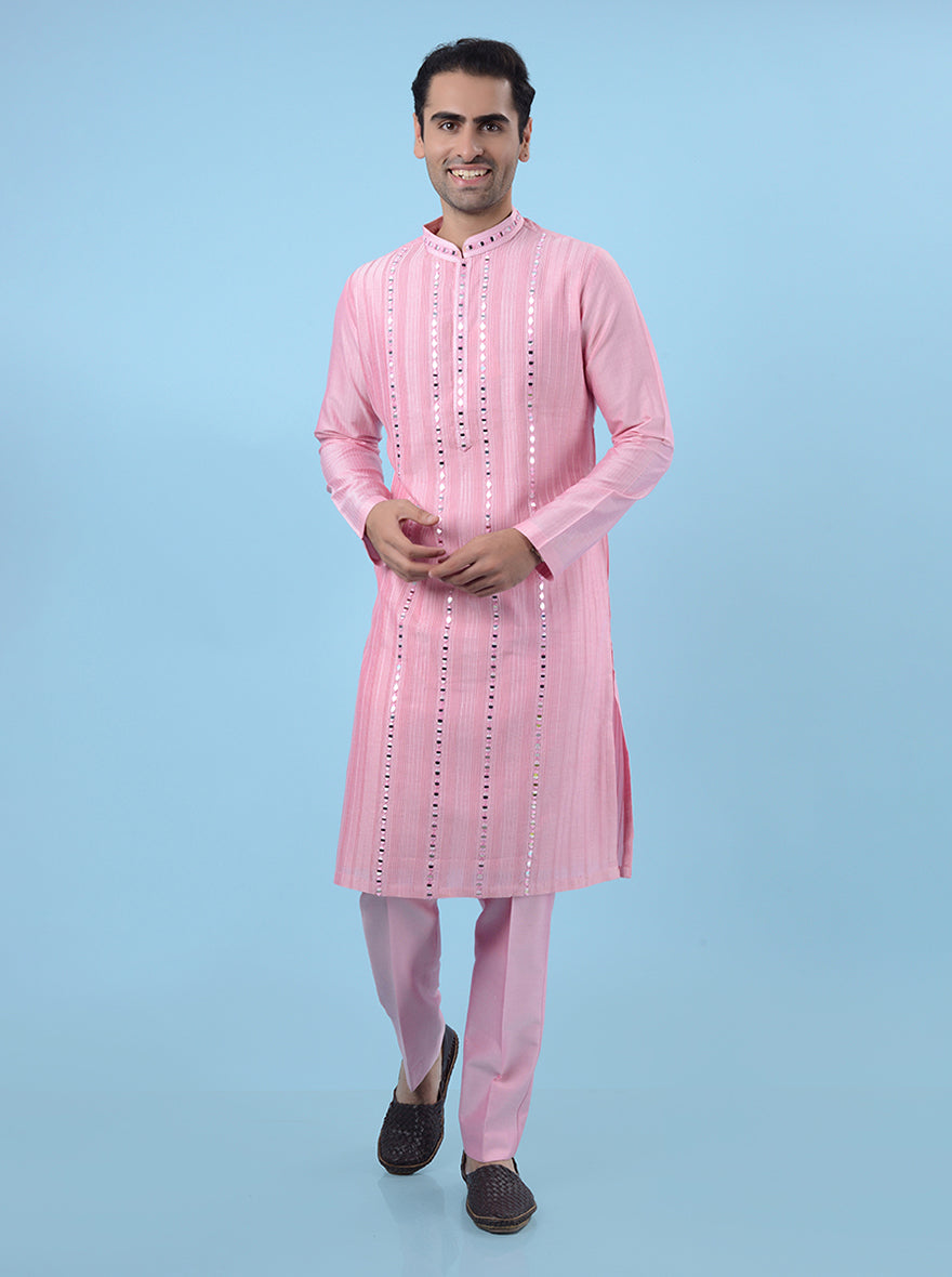 Men's pink kurta pajama set, designed with Chanderi silk and intricate mirror & thread embroidery.