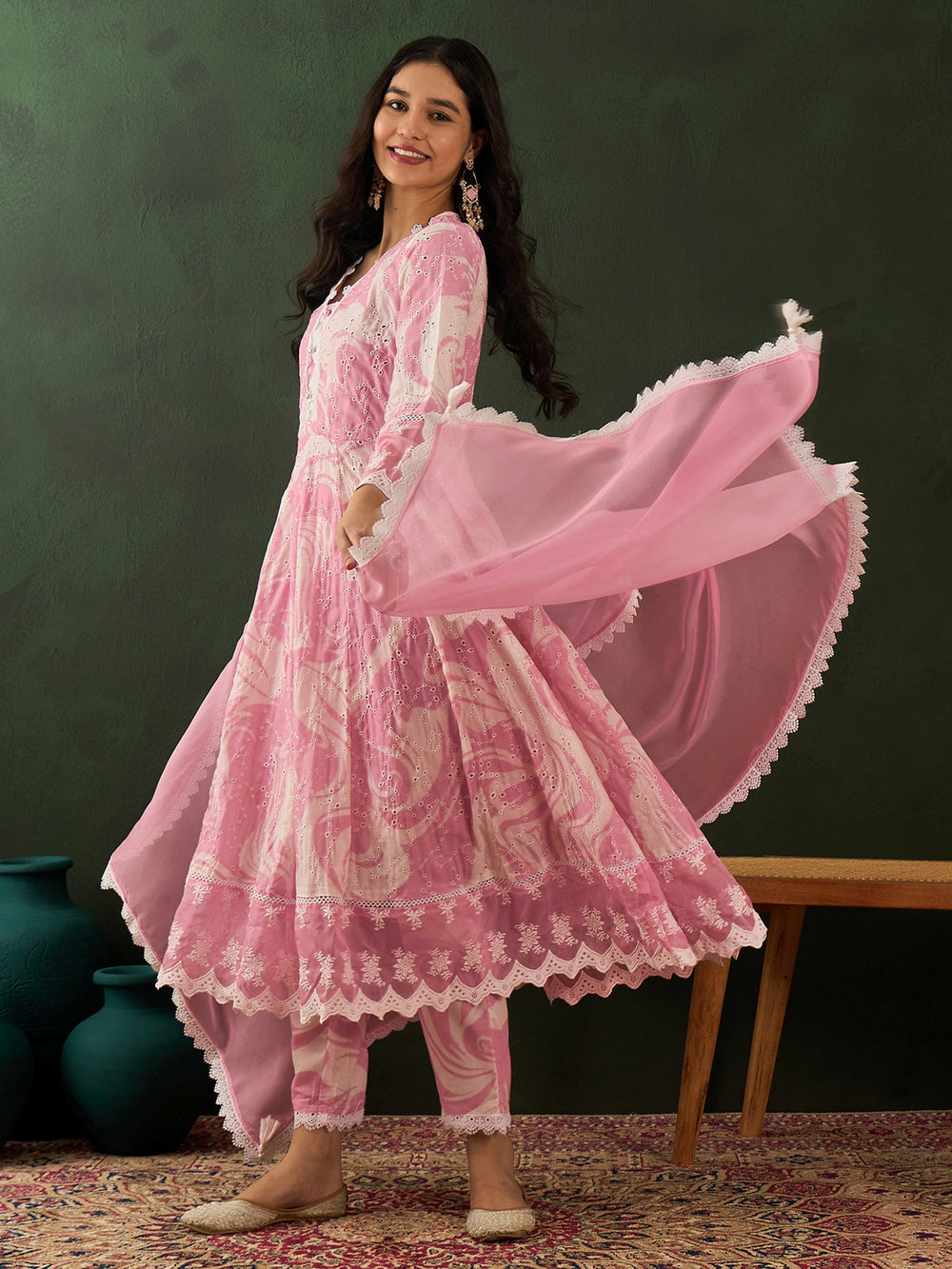 Stunning Pink Embroidered Cotton Readymade Anarkali Suit Pant