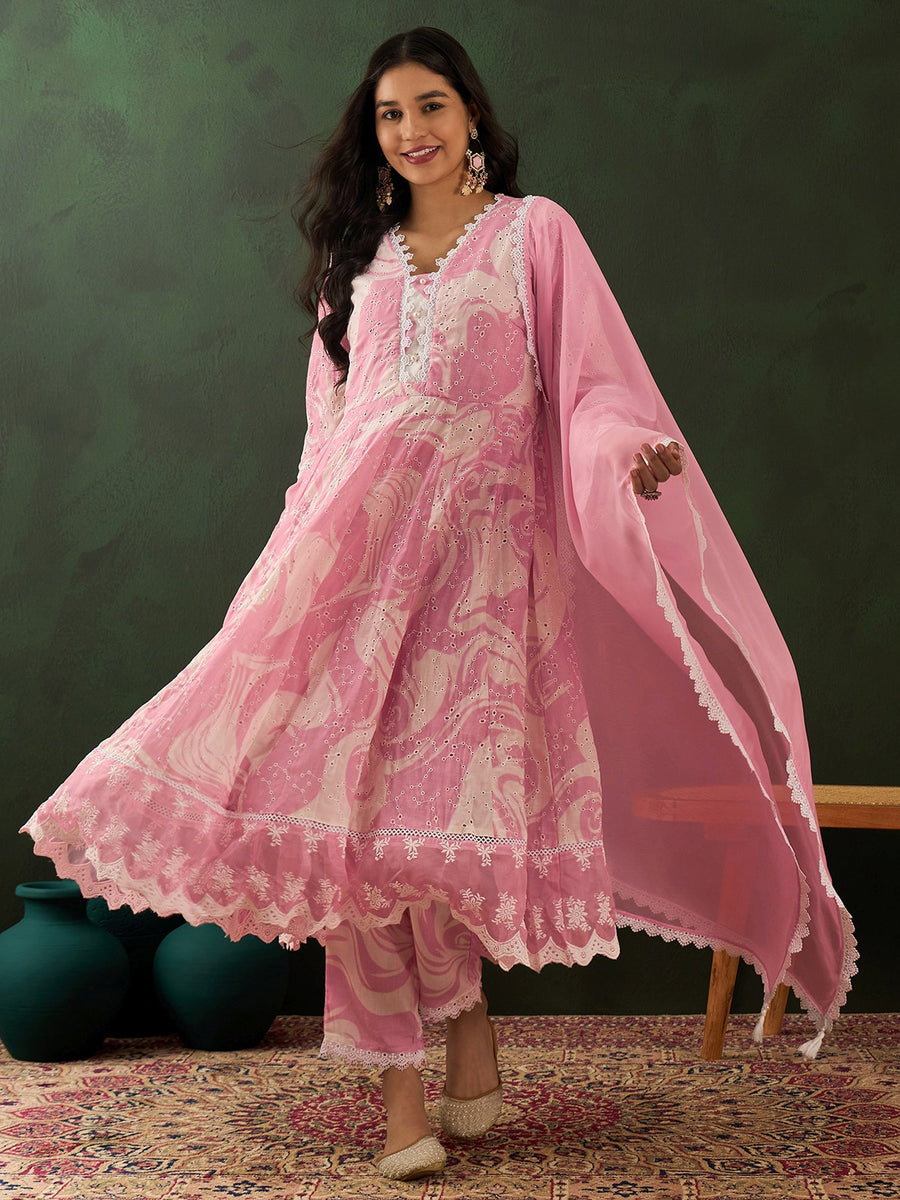 Stunning Pink Embroidered Cotton Readymade Anarkali Suit Pant