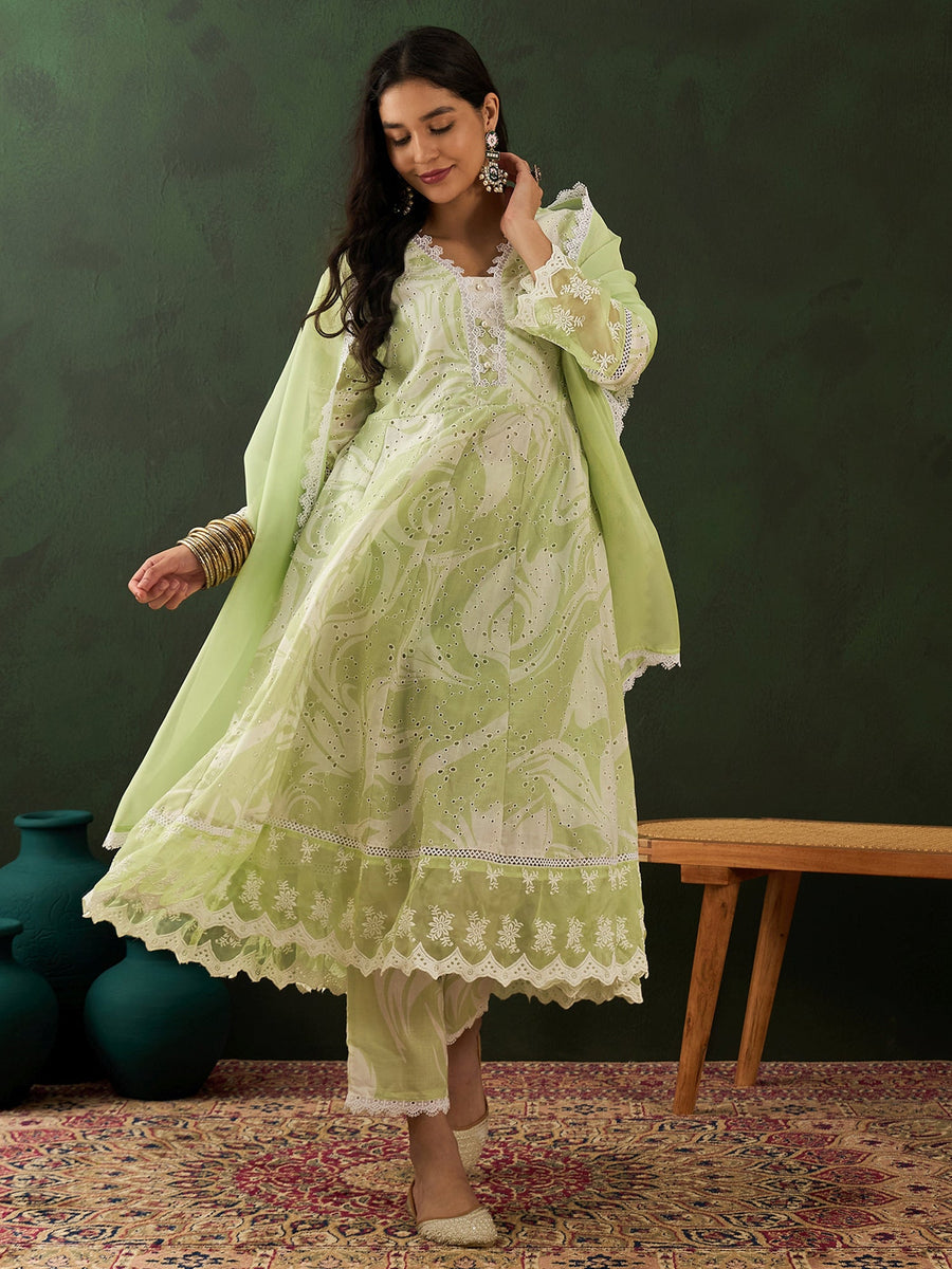 Glamorous Green Embroidered Cotton Readymade Anarkali Suit Pant