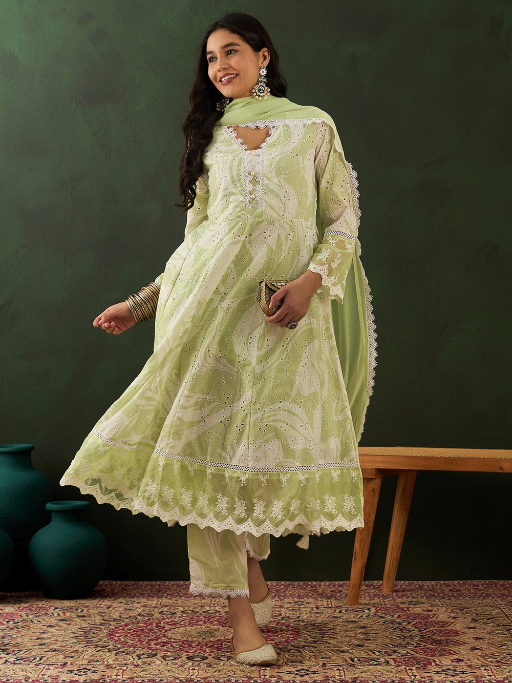 Glamorous Green Embroidered Cotton Readymade Anarkali Suit Pant