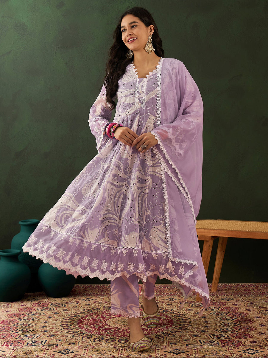 Enchanting Lavender Embroidered Cotton Readymade Anarkali Suit Pant