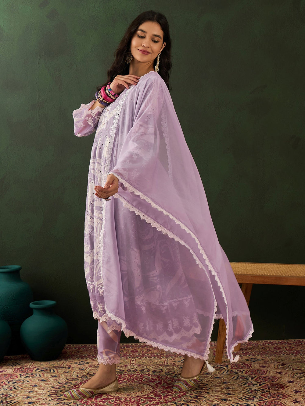 Enchanting Lavender Embroidered Cotton Readymade Anarkali Suit Pant