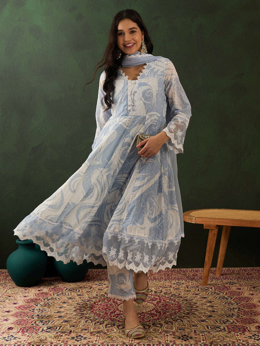 Alluring Blue Embroidered Cotton Readymade Anarkali Suit Pant