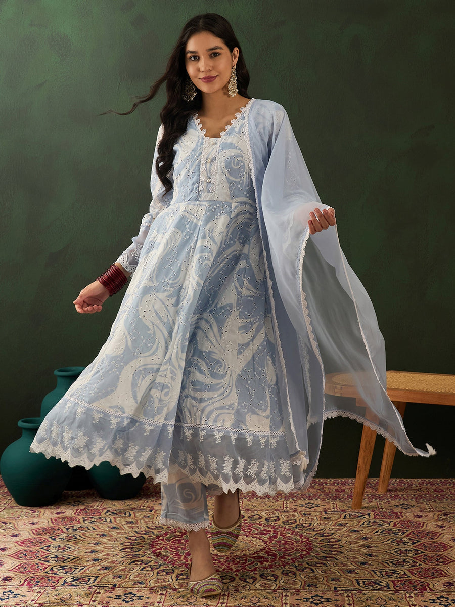 Alluring Blue Embroidered Cotton Readymade Anarkali Suit Pant