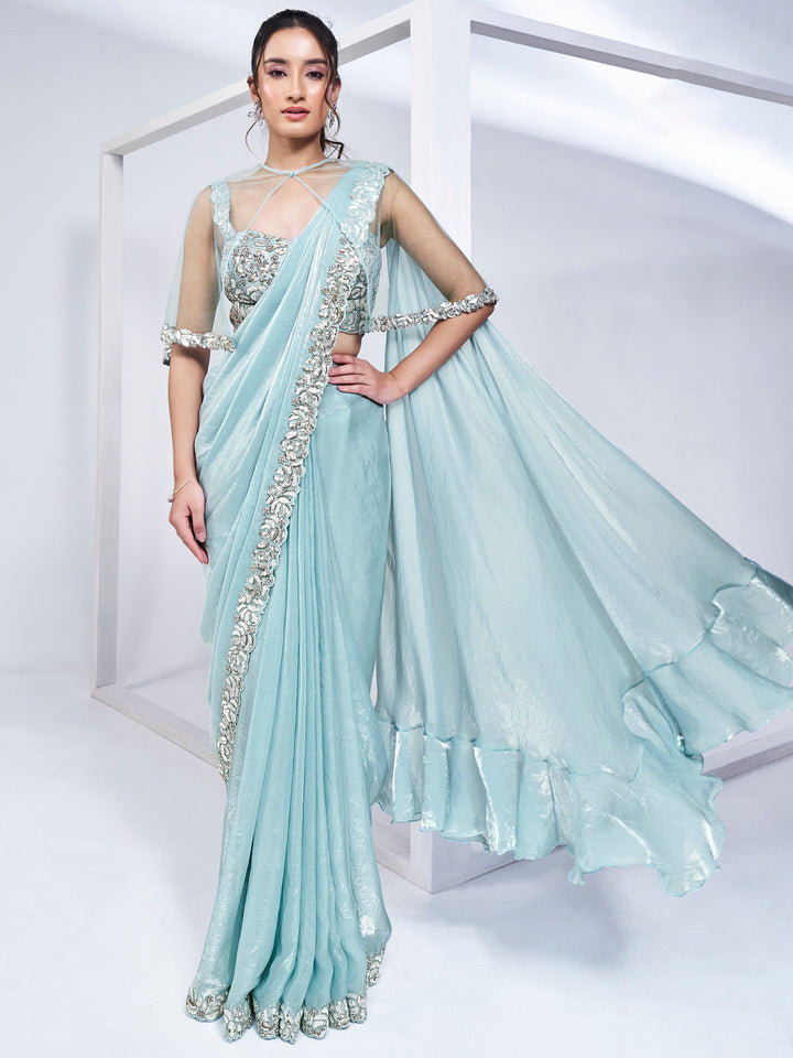 Blue satin saree crafted for elegance and style.