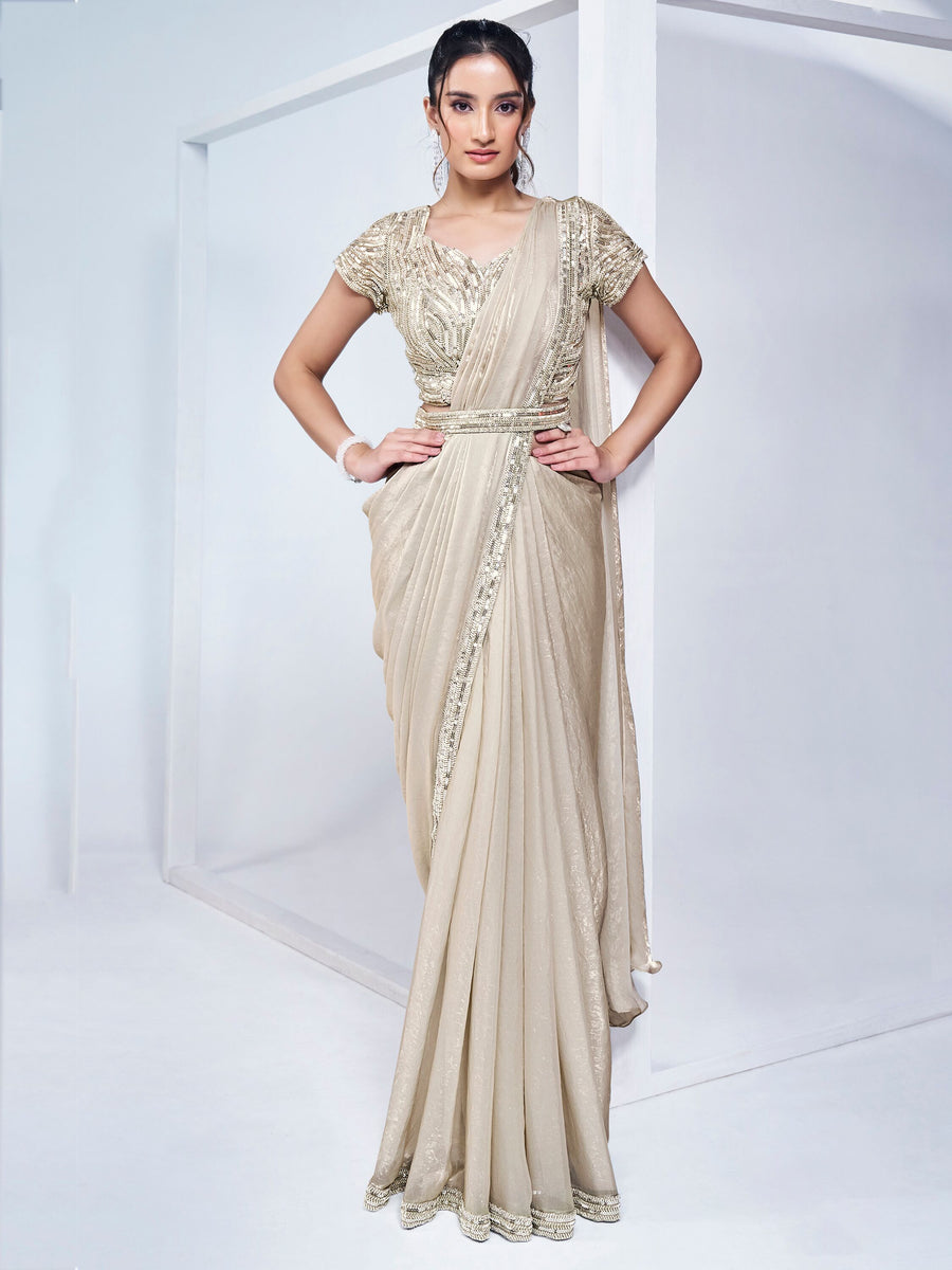 White satin saree crafted for elegance and style.