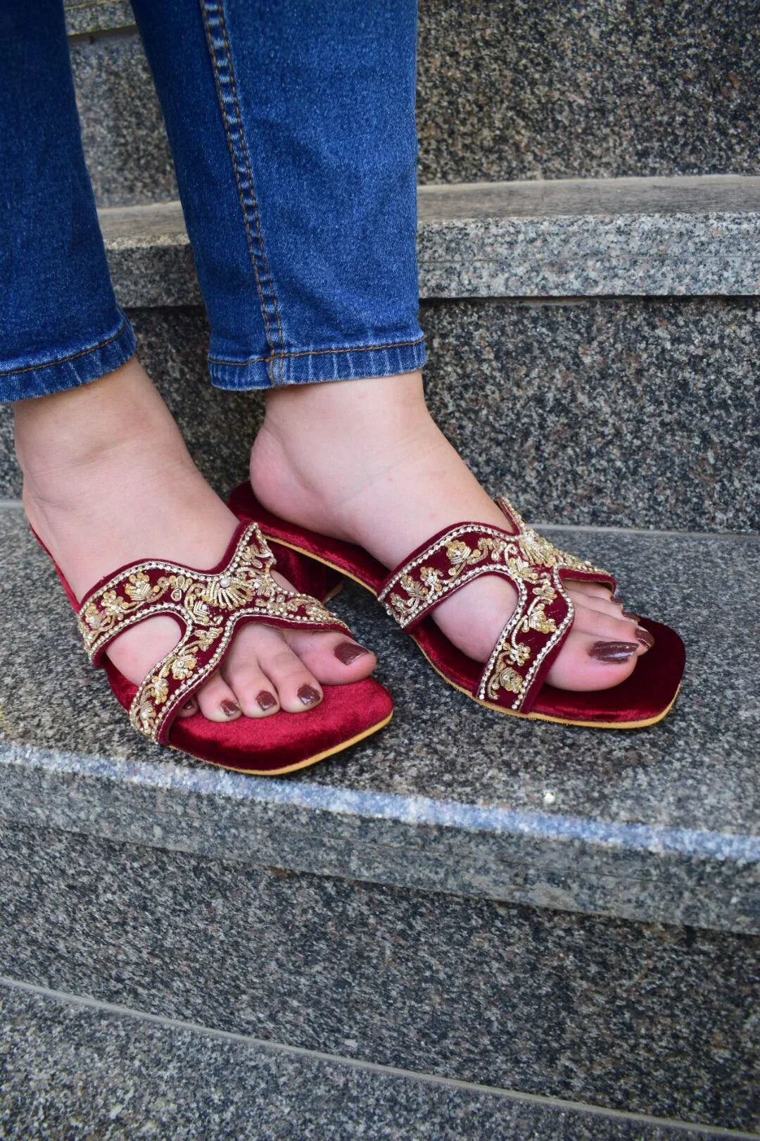 D-Shape Heeled Sandals | Handcrafted Dabka Work for Ethnic Elegance