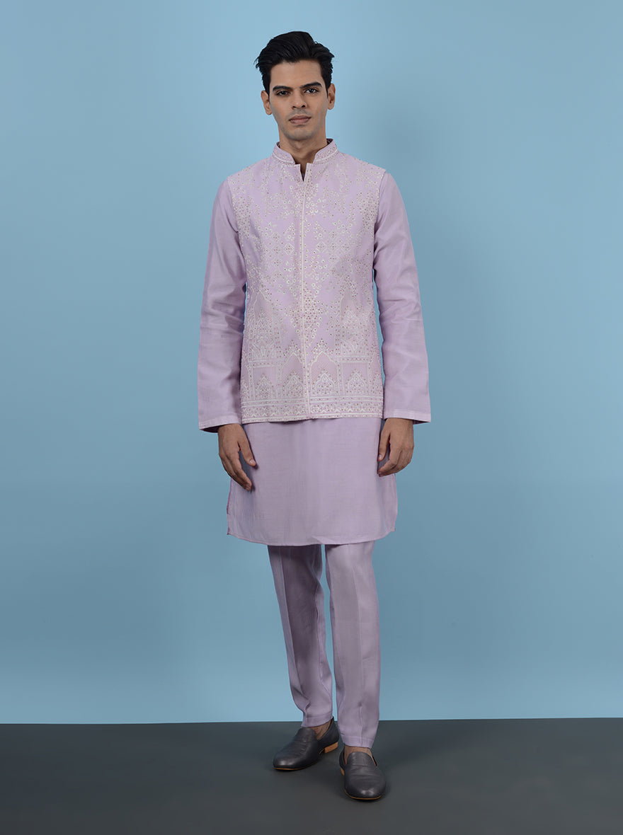 Men’s pink silk kurta set, crafted for USA festive occasions, ideal for gruh shanti.