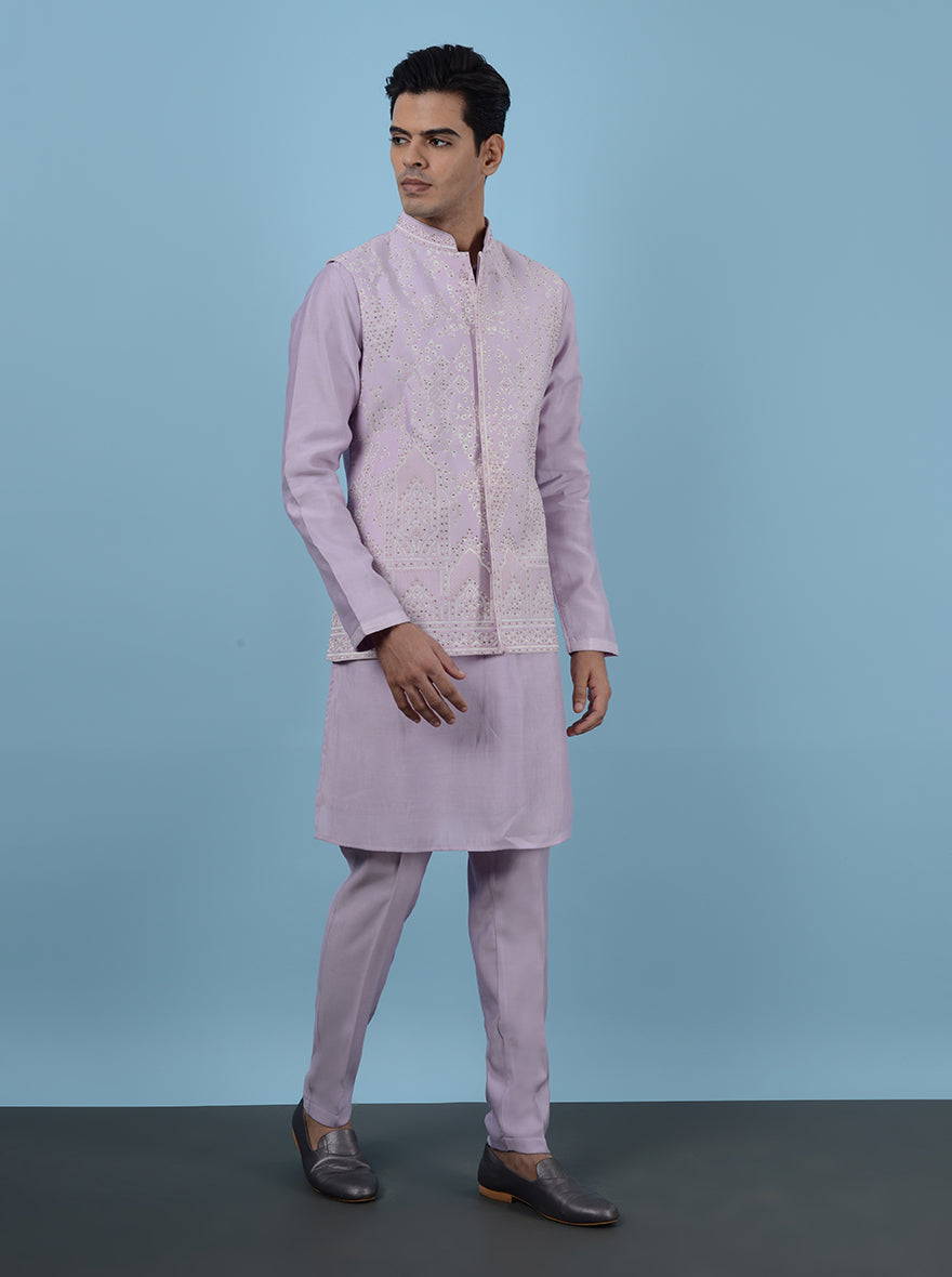 Men’s festive pink kurta, designed for USA gruh shanti, silk blend with embroidery.