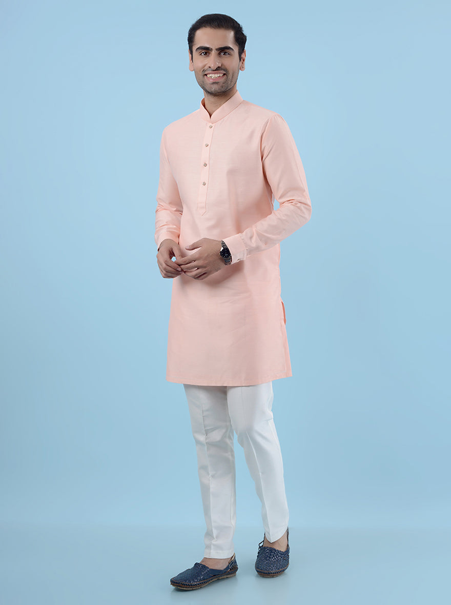 Casual peach kurta pajama for men, designed for USA events.