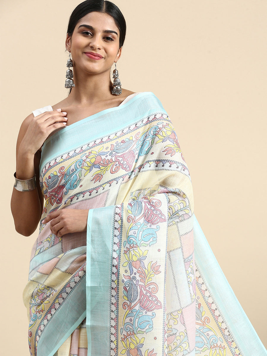 Elegant pure linen saree with floral print and Kantha lotus border