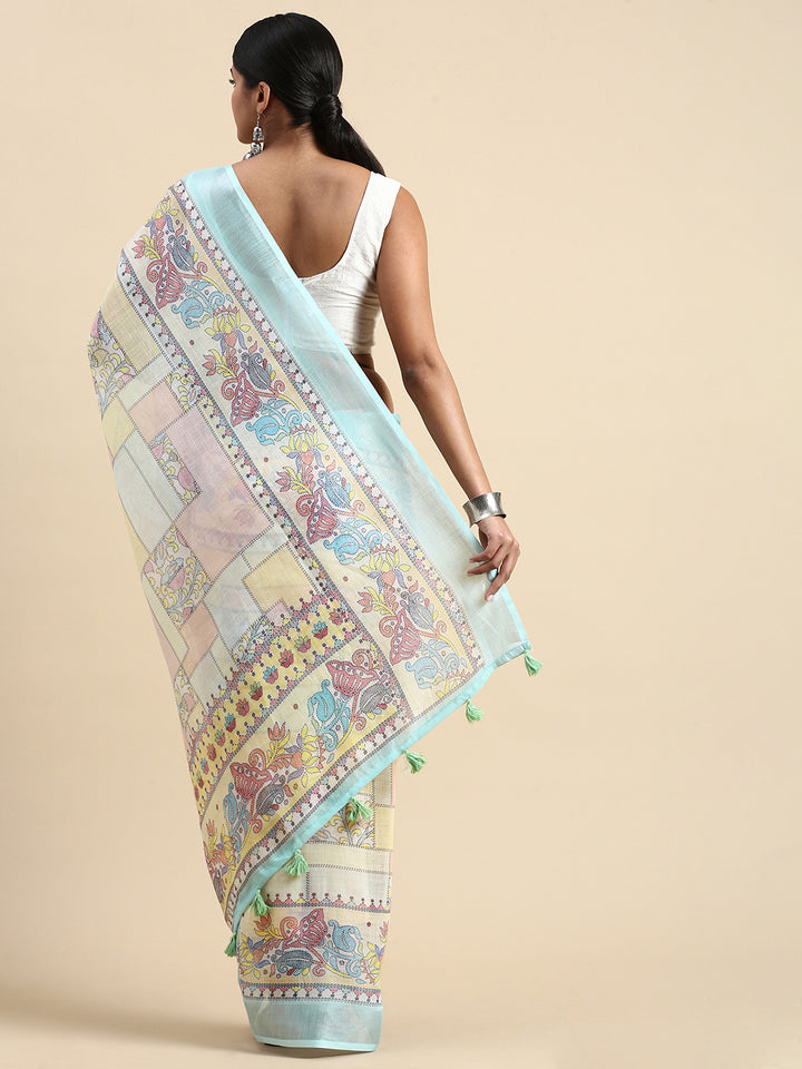 Pure linen saree with floral design and Kantha lotus border for cultural events