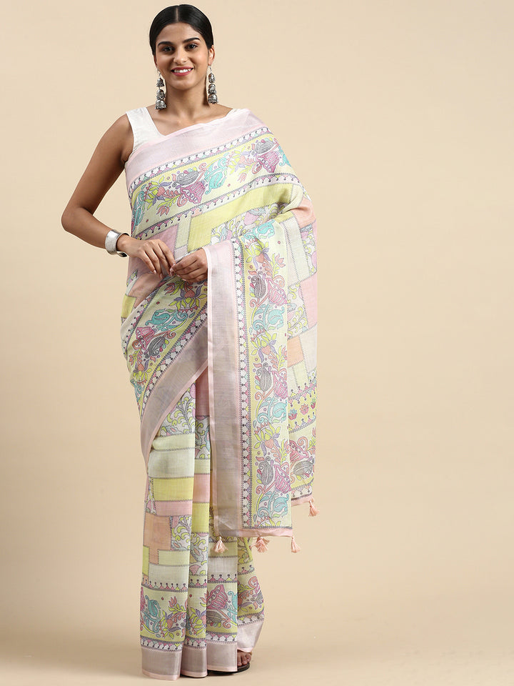 Soft pure linen saree with lotus Kantha print and floral pattern