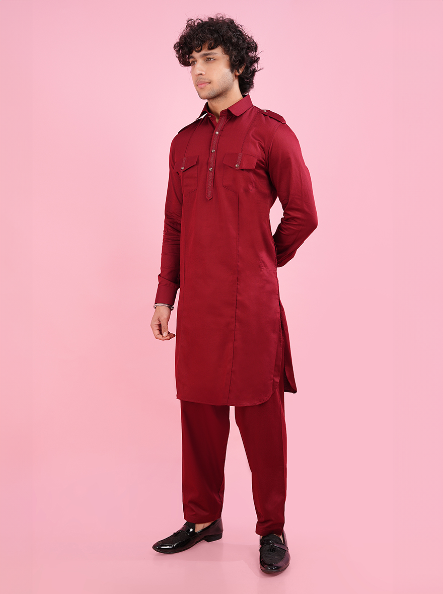 Celebrate tradition in style with this maroon Pathani kurta, featuring luxurious silk blend fabric and intricate embroidery, perfect for weddings and cultural events.