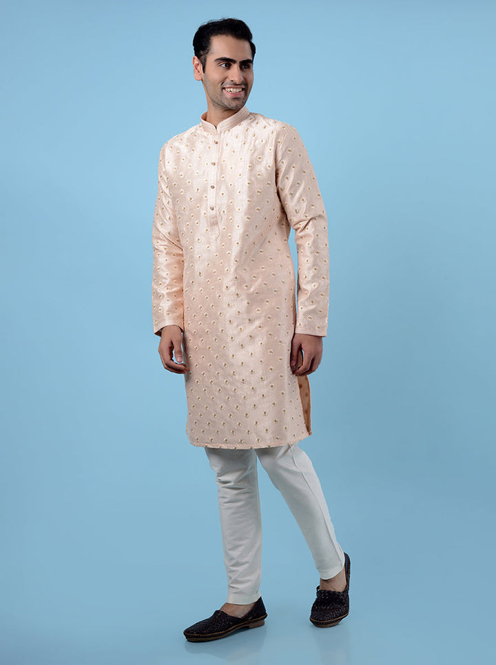 Men's peach kurta pajama, designed with 's silk blend for a luxurious ethnic look.