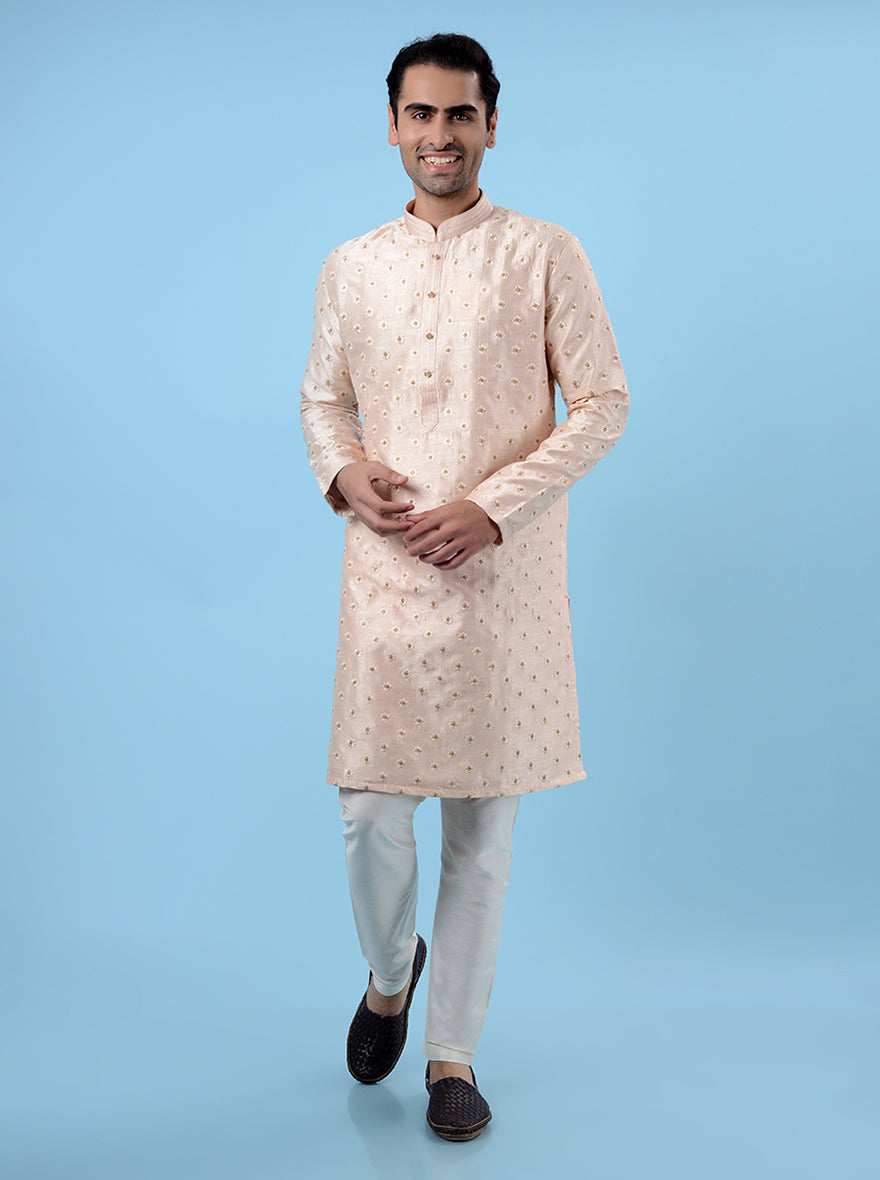 Men's peach silk blend kurta set from , perfect for weddings and traditional occasions.