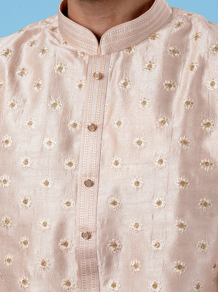 Peach kurta pajama set for men, crafted from 's premium silk blend for elegant ethnic wear.