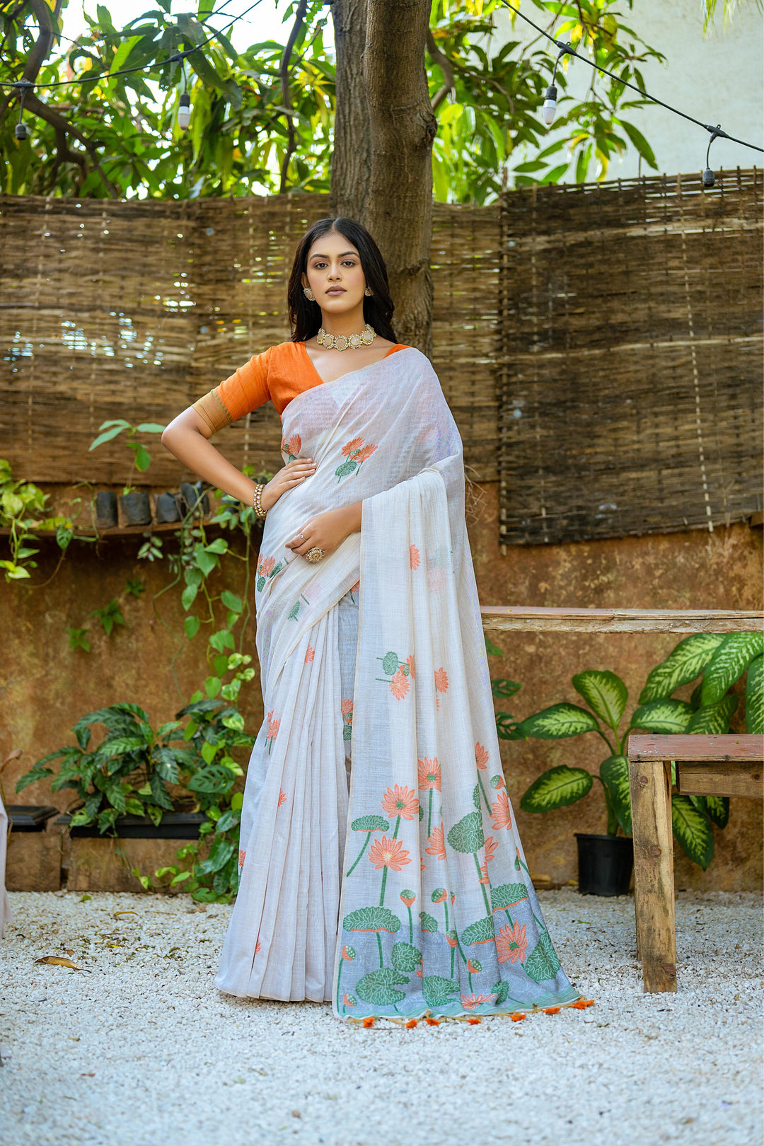 Luxurious Muga silk saree with floral design and Pichwai weaving pallu