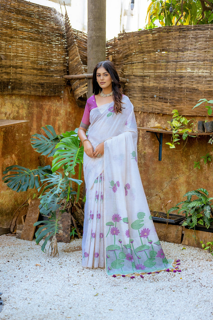 Traditional Muga silk saree with unique floral weaving and Pichwai pallu