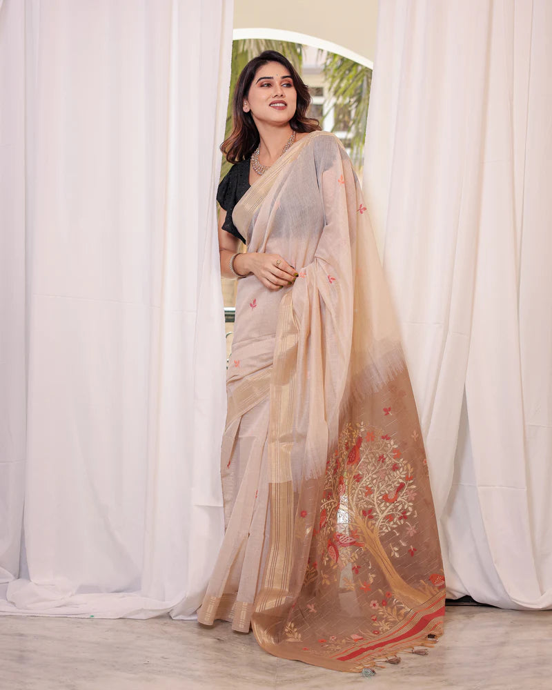 Classic brown Muga cotton saree with elegant weaving and intricate zari border, perfect for festive occasions.