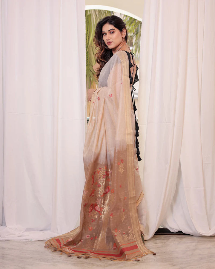 Rich brown Muga cotton saree featuring delicate zari weaving, ideal for adding sophistication to any event.