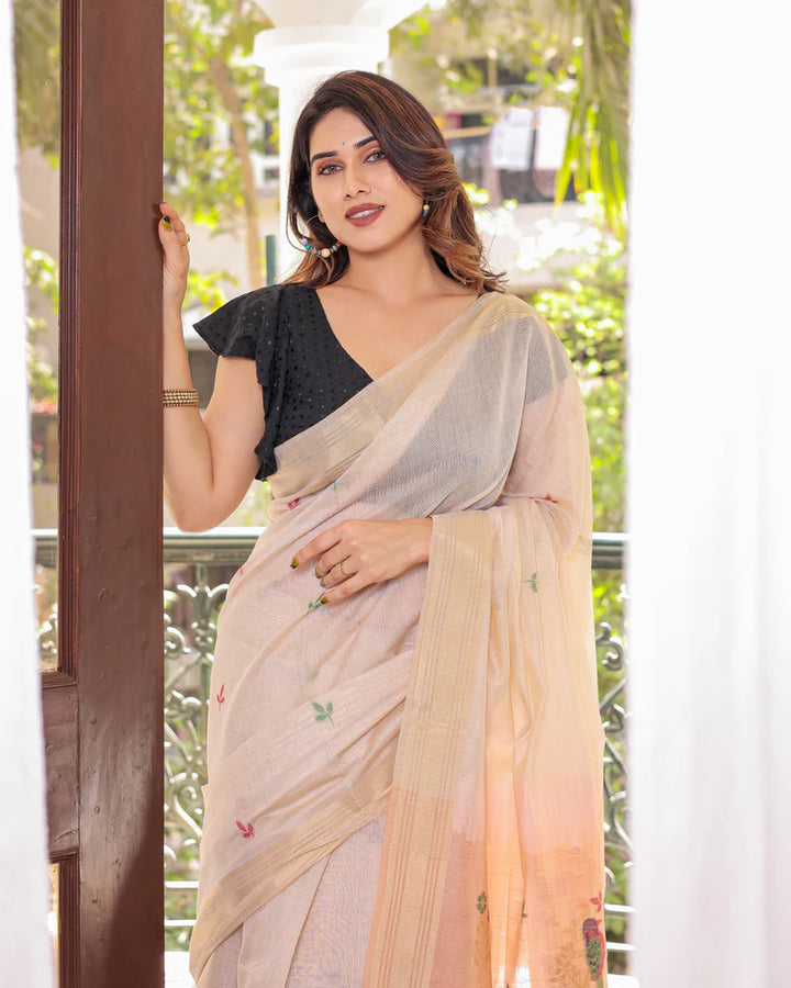 Beautiful green Muga cotton saree with elegant zari border, ideal for adding color and grace to any event.