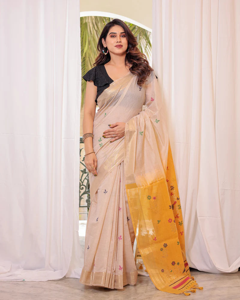 Elegant yellow Muga cotton saree with intricate weaving and zari border, ideal for brightening your traditional look.