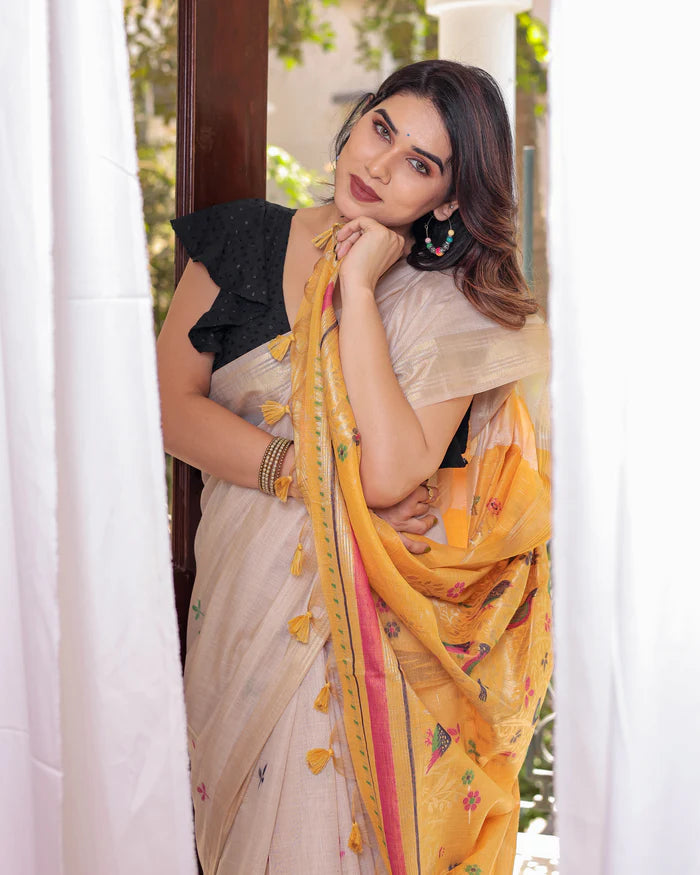 Elegant yellow Muga cotton saree with intricate zari border, ideal for a graceful and traditional look at festive occasions.