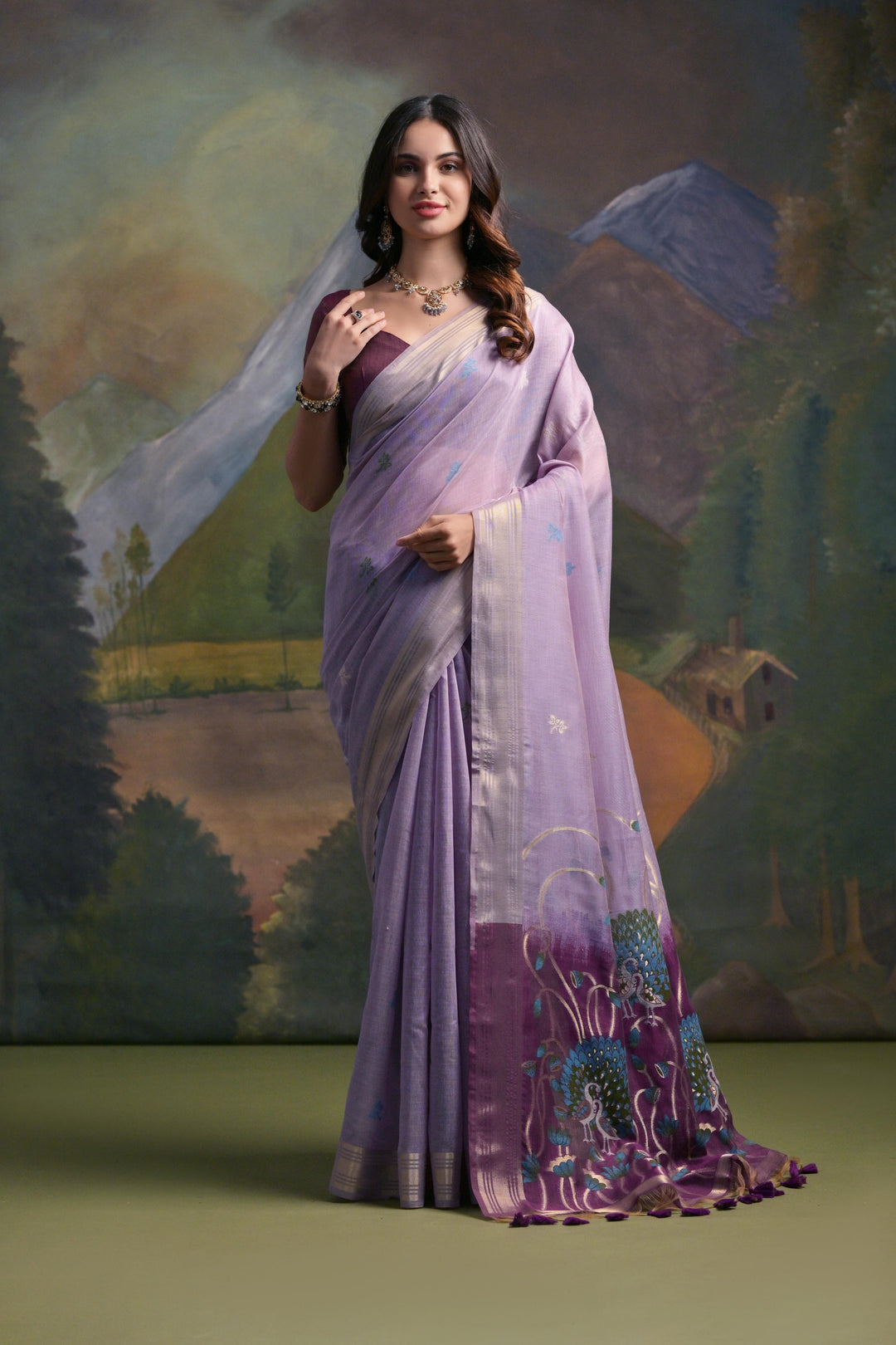 Rich purple Muga silk saree with beautiful Resham embroidery, perfect for traditional weddings.