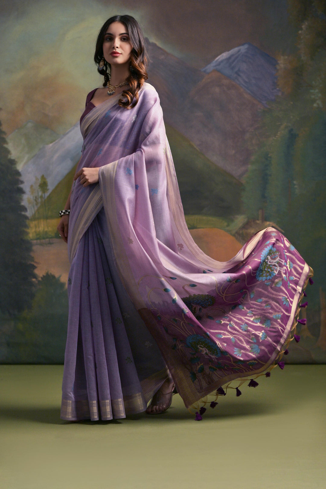 Gorgeous purple Muga silk saree with fine Resham work, designed for festive Indian celebrations.