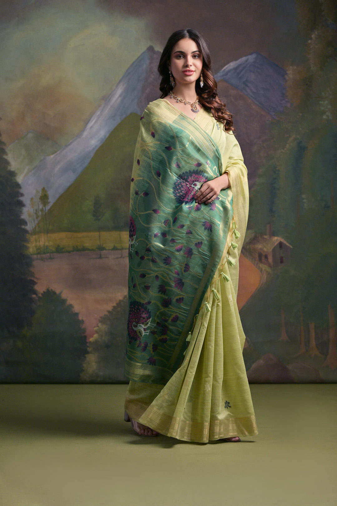 Sophisticated Muga silk saree with traditional zari border, resham weaving butties, ideal for USA festivals