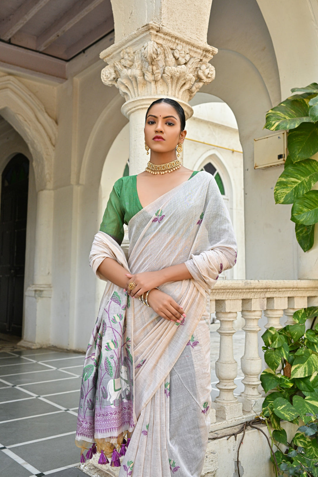 Soft Muga silk saree with Pichwai-style pallu, perfect for festive events