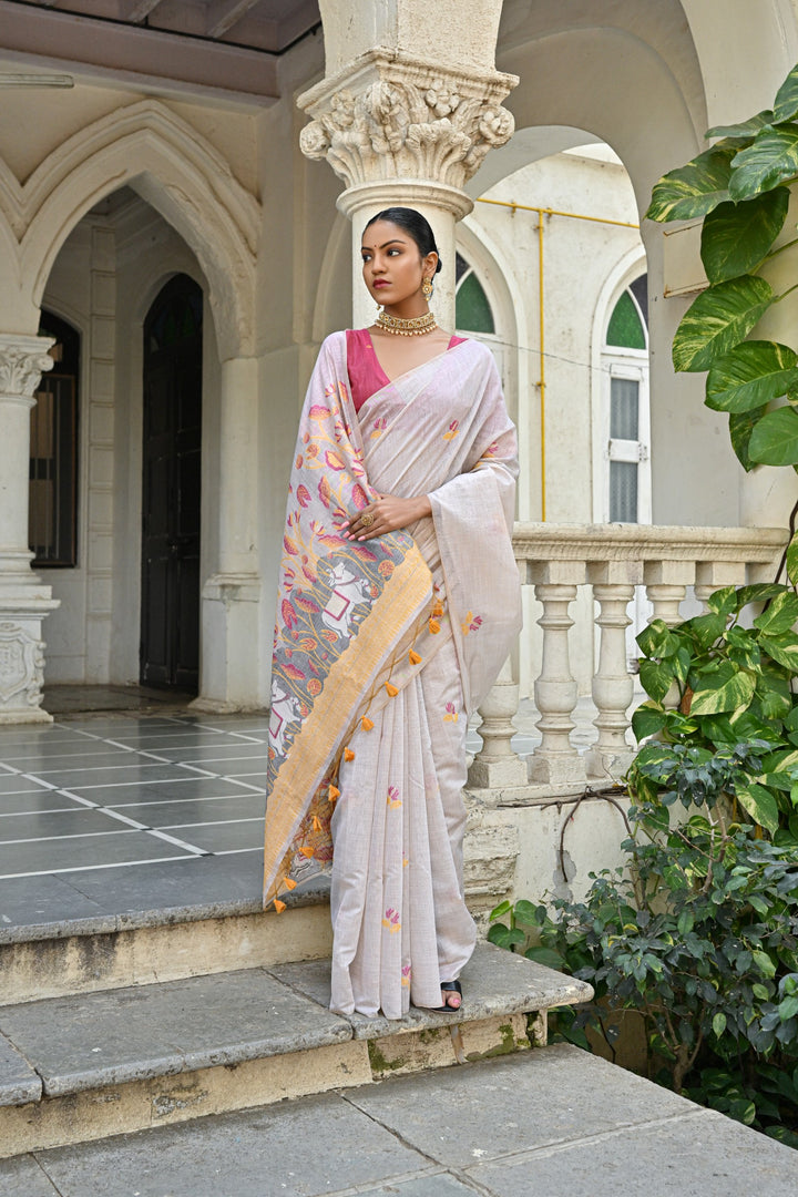 Muga silk saree with Pichwai pallu, ideal for weddings and celebrations