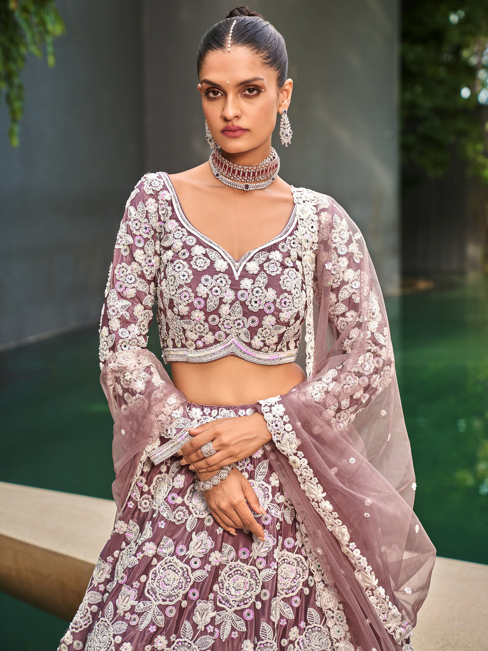 GorgeousÃ‚Â Rose Gold Embroidered Satin Designer Lehenga Choli