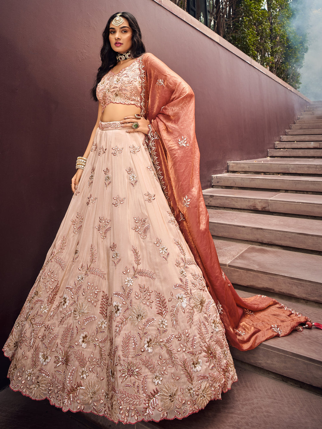 Charming Peach Embroidered Rayon EngagementÃ‚Â Wear Lehenga Choli