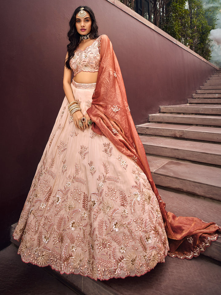 Charming Peach Embroidered Rayon EngagementÃ‚Â Wear Lehenga Choli