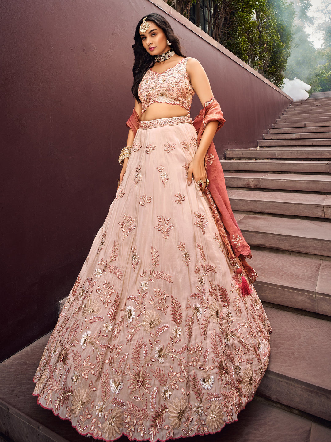 Charming Peach Embroidered Rayon EngagementÃ‚Â Wear Lehenga Choli