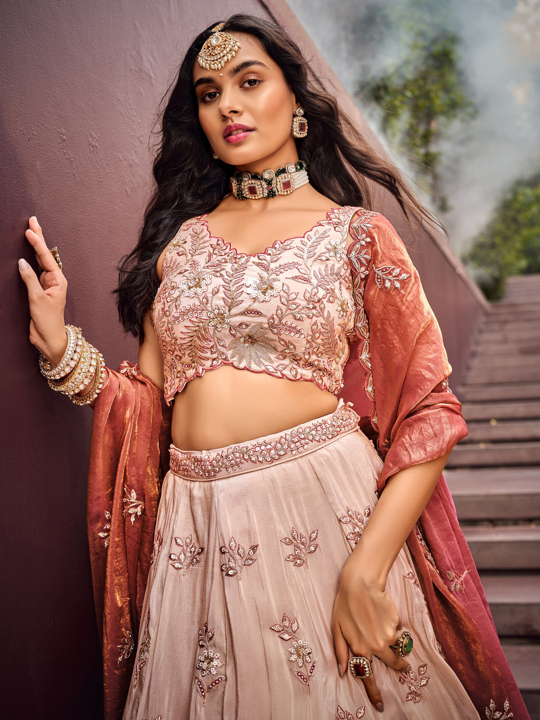 Charming Peach Embroidered Rayon EngagementÃ‚Â Wear Lehenga Choli